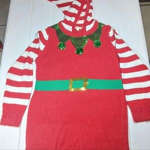XL Women's Red Hoodie Sequin Santa Helper Elf Tunic Holiday Christmas Sweater